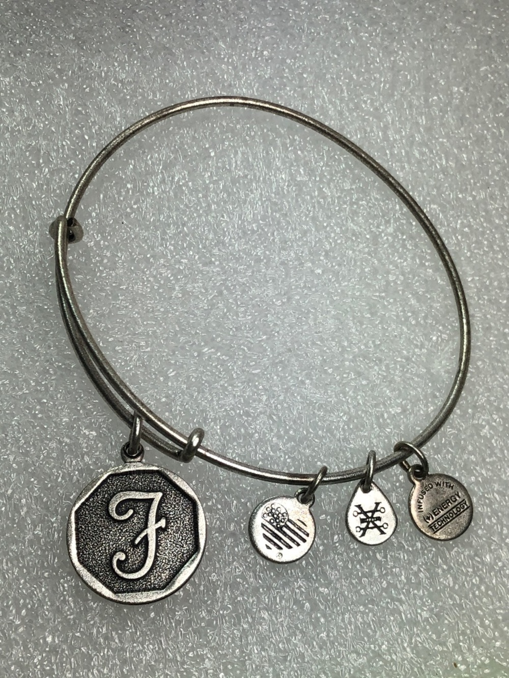 Alex And Ani F letter charm bracelet silver tone